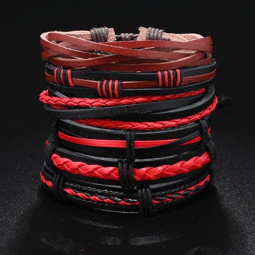 bracelet de cordon en PU , cuir PU, avec corde de cire, fait à la main, 6 pièces & Réglable & multicouche & unisexe Environ 17-24 cm, Vendu par fixé[