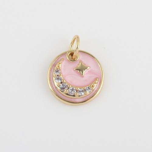 Cubic Zirconia Micro Pave Brass Pendant, Round, gold color plated, DIY & micro pave cubic zirconia & enamel, pink [