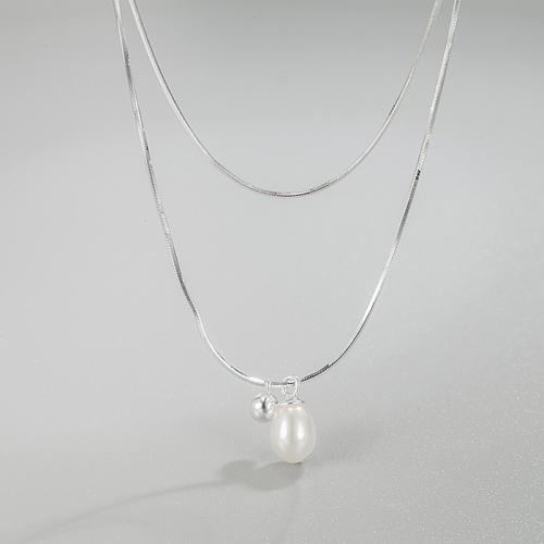 Sterling Silber Schmuck Halskette, 925er Sterling Silber, mit Natürliche kultivierte Süßwasserperlen, mit Verlängerungskettchen von 1.97inch, Doppelschicht & Modeschmuck & für Frau, Länge:ca. 15.74 ZollInch, ca. 17.71 ZollInch, verkauft von PC