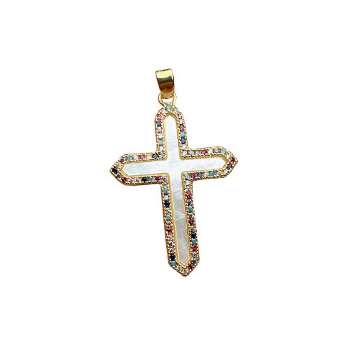 Colgante de Micro Pavé de Zirconía Cúbica, metal, con Nácar Blanca, Cruces, chapado en color dorado, Joyería & Bricolaje & micro arcilla de zirconia cúbica, dorado, 23.1x38.3mm, Vendido por UD