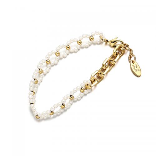 Brass Bracelets, with Plastic Pearl, with 0.98inch extender chain, 18K gold plated, fashion jewelry & for woman, golden Approx 6.69 Inch 