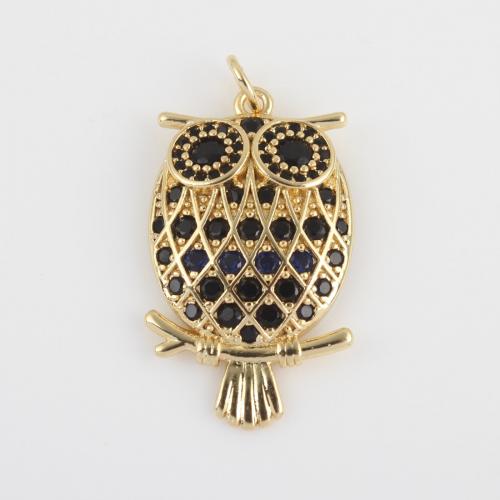 Cubic Zirconia Micro Pave Brass Pendant, Owl, gold color plated, DIY & micro pave cubic zirconia, black [