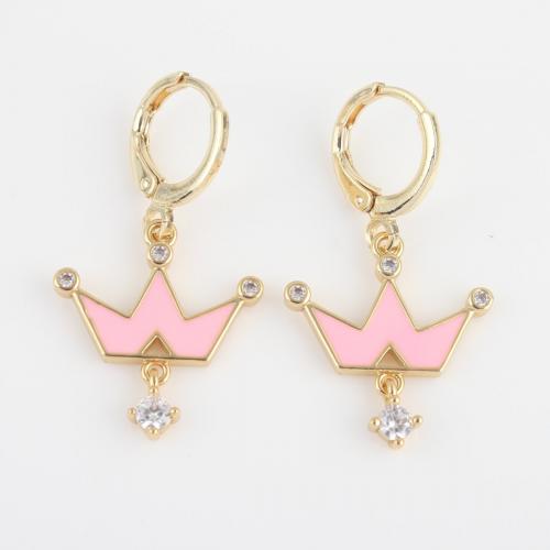 Cubic Zirconia Micro Pave Brass Earring, Crown, gold color plated, micro pave cubic zirconia & for woman & enamel, pink [