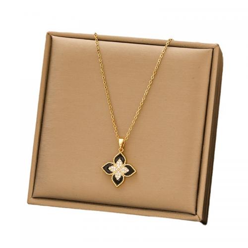 304 Stainless Steel Necklace, Four Leaf Clover, gold color plated, oval chain & for woman & enamel & with rhinestone Approx 17.7 Inch 