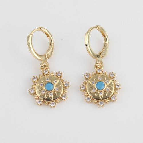 Cubic Zirconia Micro Pave Brass Earring, with turquoise, gold color plated, micro pave cubic zirconia & for woman, blue [