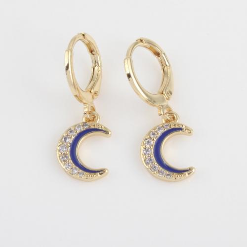 Cubic Zirconia Micro Pave Brass Earring, Moon, gold color plated, micro pave cubic zirconia & for woman & enamel, blue [