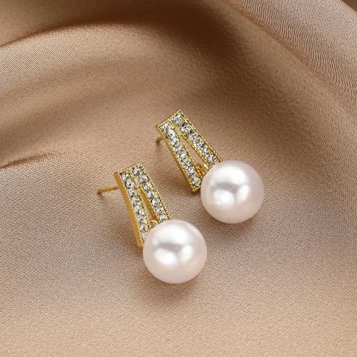 Plastic Pearl Zinc Alloy Earring, with Plastic Pearl, gold color plated, fashion jewelry & for woman & with rhinestone [