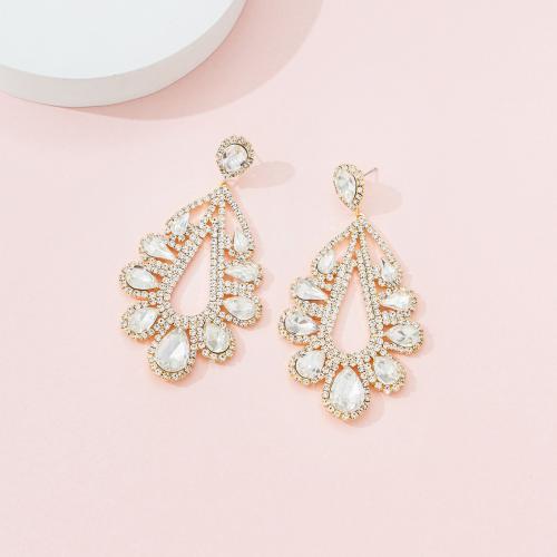 Brass Drop Earring, Teardrop, plated, for woman & with rhinestone & hollow [