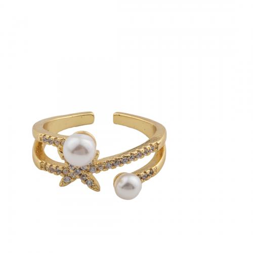 Cubic Zirconia Micro Pave Brass Finger Ring, with Plastic Pearl, 14K gold plated, fashion jewelry & micro pave cubic zirconia & for woman Inner Approx 18mm [