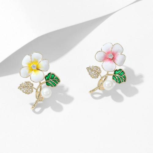 Enamel Brooch, Zinc Alloy, with Plastic Pearl, Flower, for woman & with rhinestone 