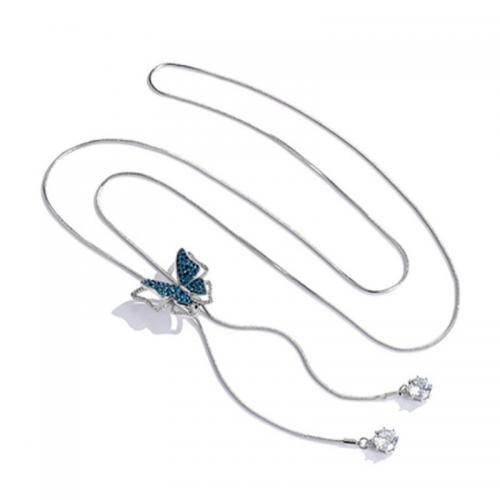 Chaîne en alliage de zinc de fer Collier Pull, papillon, Réglable & pour femme & avec strass, argent, 28mm Environ 35.43 pouce, Vendu par PC