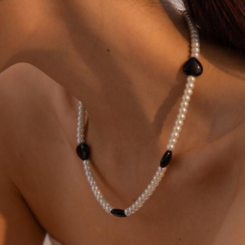 Collar de perlas de cristal, acero inoxidable 304, con Ágata negra & Perlas de vidrio, con 5.5cm extender cadena, Corazón, chapado, Joyería, Blanco, longitud:40.5 cm, Vendido por UD[