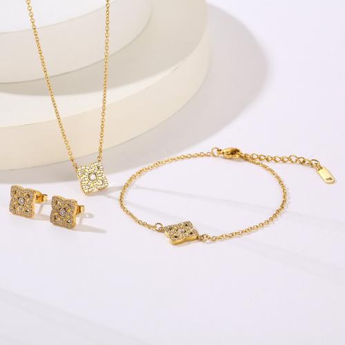 Bijoux strass en acier inoxydable Set, Acier inoxydable 304, Boucle d’oreille stud & Bracelet & collier, Trèfle à quatre feuilles, bijoux de mode & pour femme & avec strass, plus de couleurs à choisir, Vendu par fixé