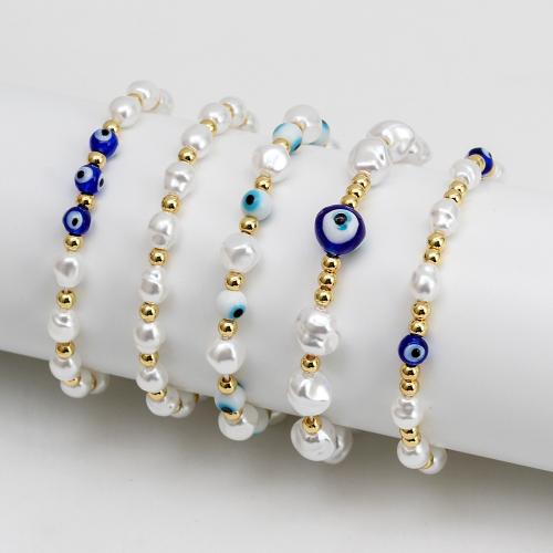 Evil Eye Jewelry Bracelet, Lampwork, with Plastic Pearl & Brass, gold color plated, fashion jewelry & Unisex Approx 18 cm 