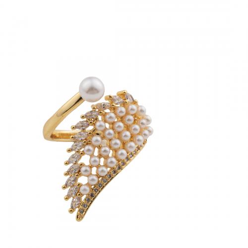 Cubic Zirconia Micro Pave Brass Finger Ring, with Plastic Pearl, 14K gold plated, fashion jewelry & micro pave cubic zirconia & for woman Inner Approx 17mm [