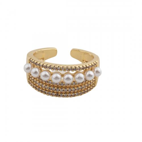 Cubic Zirconia Micro Pave Brass Finger Ring, with Plastic Pearl, 14K gold plated, fashion jewelry & micro pave cubic zirconia & for woman Inner Approx 18mm [