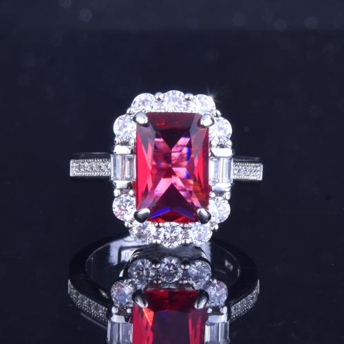 Crystal Brass Finger Ring, with Crystal, Rectangle, platinum plated, fashion jewelry & for woman & with rhinestone, red, Ring inner mm [