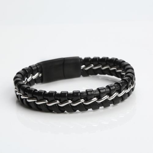 PU Leather Cord Bracelets, with Titanium Steel, handmade, fashion jewelry & for man, black Approx 21 cm [