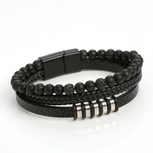 PU Leather Cord Bracelets, with Titanium Steel, handmade, fashion jewelry & for man, black Approx 21 cm [