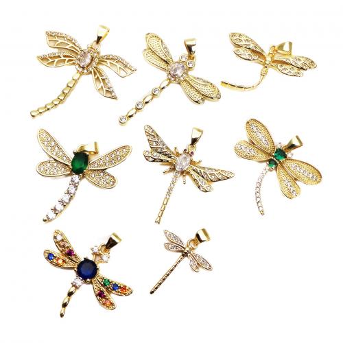 Cubic Zirconia Micro Pave Brass Pendant, Dragonfly, gold color plated, DIY & micro pave cubic zirconia [