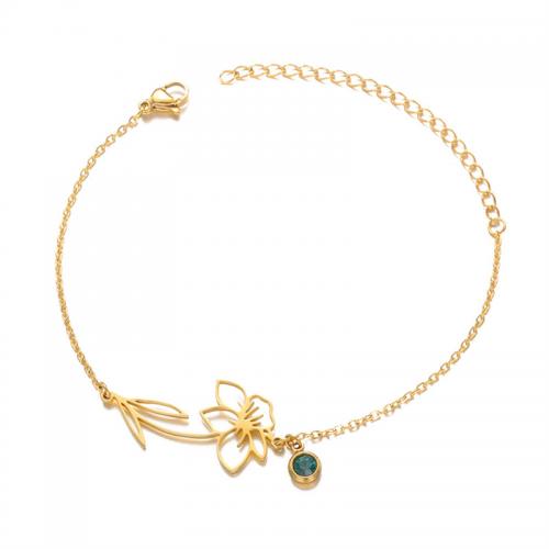 304 Stainless Steel Bracelet, Flower, gold color plated & for woman & with rhinestone Approx 6 Inch 