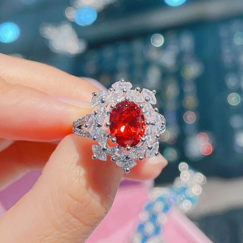 Crystal Brass Finger Ring, with Crystal, Flower, platinum plated, fashion jewelry & for woman & with rhinestone, red, inner mm [