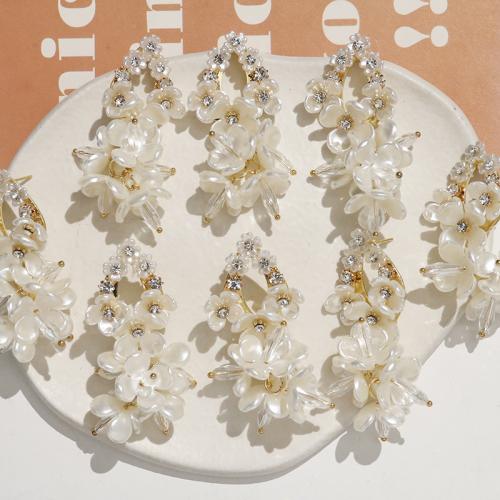 Rhinestone Brass Drop Earring, ABS Plastic Pearl, with Brass, Flower, DIY & with rhinestone, white [