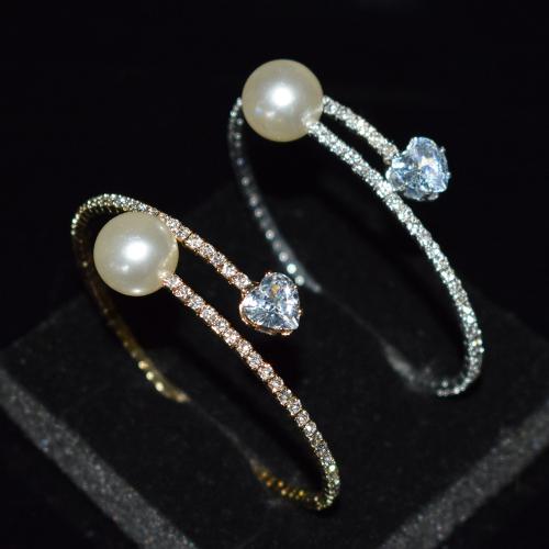 Iron Cuff Bangle, with Plastic Pearl, plated, fashion jewelry & for woman & with rhinestone diameter 65mm, pearl 10mm [