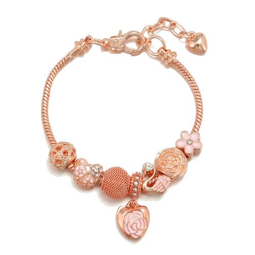 Brass European Bracelet, with zinc alloy bead, Swan, rose gold color plated & for woman & enamel & with rhinestone [