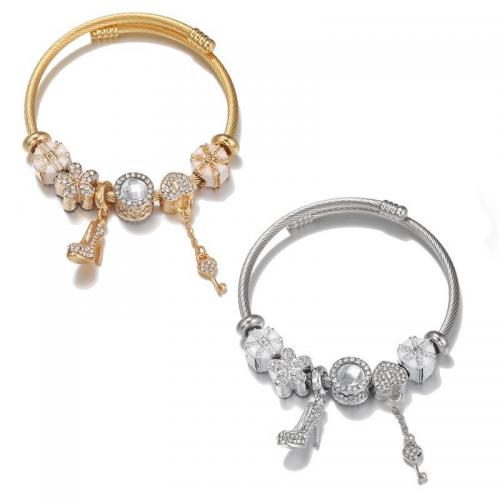 304 Stainless Steel European Bangle, with zinc alloy bead, plated, for woman & enamel & with rhinestone Inner Approx 60mm [