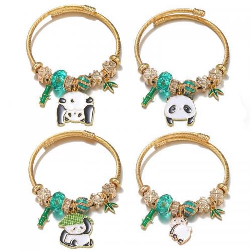 304 Stainless Steel European Bangle, with zinc alloy bead & Resin, Panda, gold color plated, Unisex & adjustable & enamel & with rhinestone, Inner Approx 60mm [