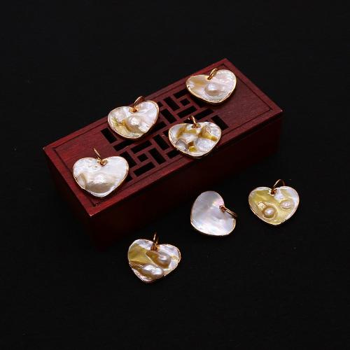 Brass Shell Pendants, with pearl & Brass, Heart, gold color plated, fashion jewelry & DIY, white [