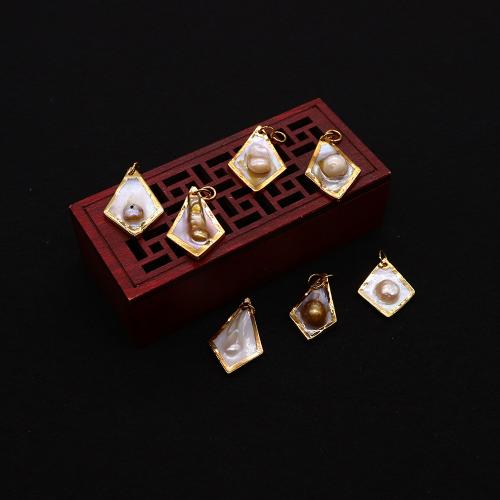 Brass Shell Pendants, with pearl & Brass, Rhombus, gold color plated, fashion jewelry & DIY, mixed colors [