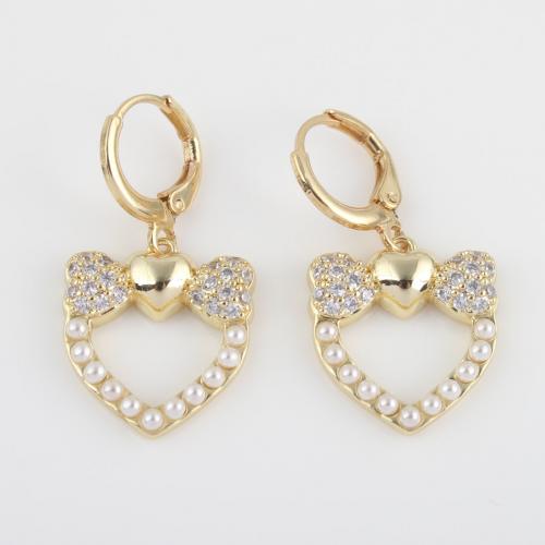 Huggie Hoop Drop Earring, Brass, Heart, gold color plated, micro pave cubic zirconia & for woman 