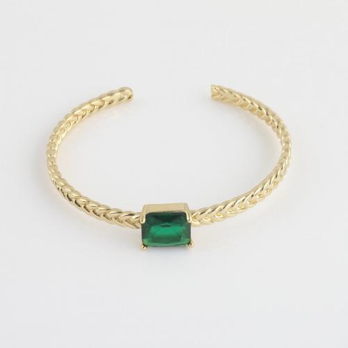 Brass Cuff Bangle, with Glass Rhinestone, gold color plated, for woman, green [