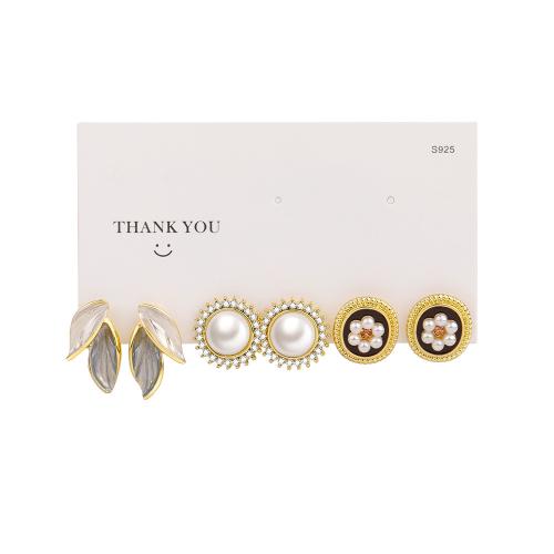 Zinc Alloy Earring Set, with Plastic Pearl, gold color plated & for woman & enamel & with rhinestone, earring length 10-30mm [