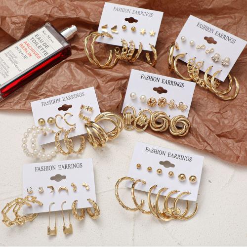 Zinc Alloy Earring Set, with Plastic Pearl, plated & for woman & with rhinestone & hollow, earring length 5-60mm [