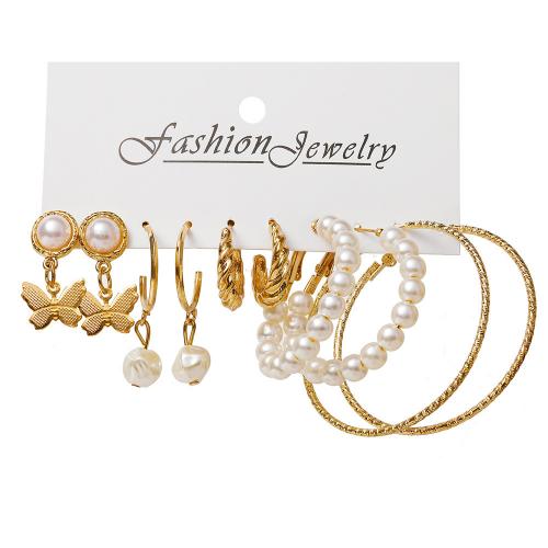 Zinc Alloy Earring Set, with Plastic Pearl, gold color plated, 5 pieces & for woman, earring length 25-50mm [