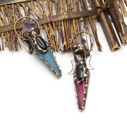 Gemstone Brass Pendants, Agate, with Obsidian & Amethyst & Brass, antique copper color plated, fashion jewelry & DIY & hollow [