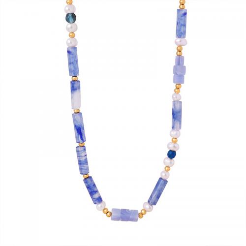 Collier de perles d'eau douce , sodalite, avec Acier titane & perle d'eau douce cultivée, avec 5cm chaînes de rallonge, bijoux de mode & pour femme Environ 42 cm, Vendu par PC