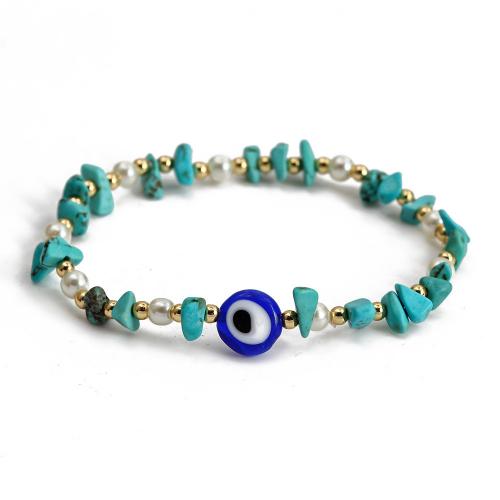 Evil Eye Jewelry Bracelet, Natural Turquoise, with Lampwork & Plastic Pearl & Brass, gold color plated, fashion jewelry & evil eye pattern & for woman, mixed colors Approx 18 cm [