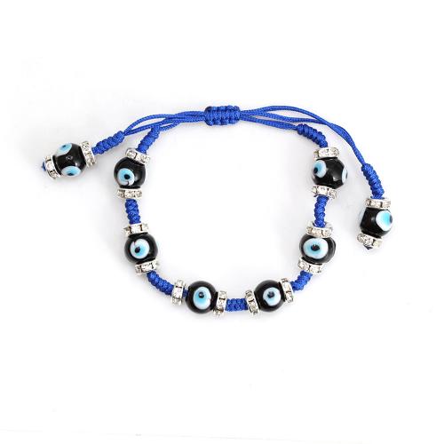 Evil Eye Jewelry Bracelet, Lampwork, with Knot Cord & Zinc Alloy, Round, handmade, fashion jewelry & evil eye pattern & adjustable & with rhinestone inner perimeter 170-250mm,bead 10mm [