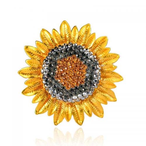 Broche de diamantes de imitación de la aleación de Zinc, Girasol, chapado en color dorado, Joyería & unisexo & con diamantes de imitación, amarillo, 57x57mm, Vendido por UD[