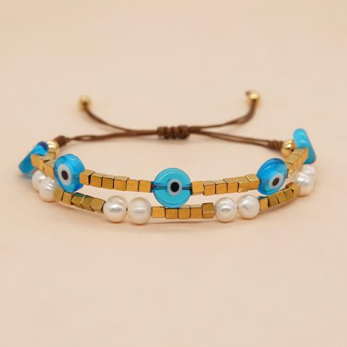 Evil Eye Bracelet Bijoux, perle d'eau douce cultivée, avec corde de coton & chalumeau, fait à la main, Longueur réglable & bijoux de mode & unisexe Environ 11 pouce, Vendu par PC[