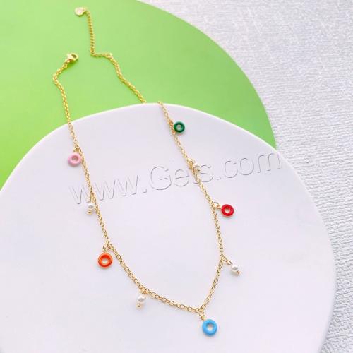 Edelstahl Schmuck Halskette, 304 Edelstahl, mit Kunststoff Perlen, mit Verlängerungskettchen von 5cm, Kreisring, Vakuum-Ionen-Beschichtung, Modeschmuck & für Frau & Emaille, keine, Pendant 7mm,Plastic pearl 4mm, Länge:ca. 40 cm, verkauft von PC