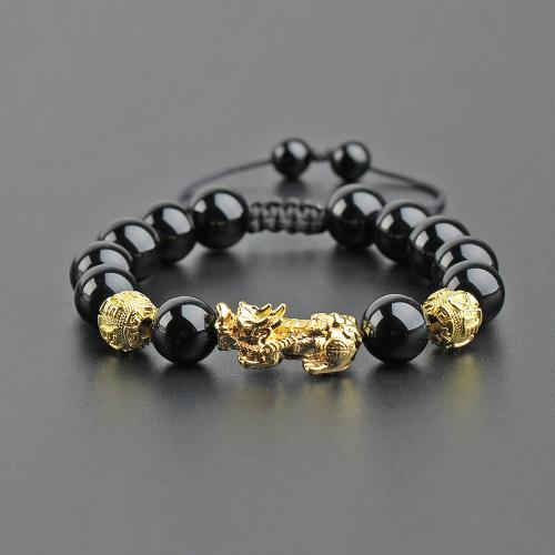 Bracelets de perle de bijou en verre, alliage de zinc, avec Des billes de verre & cordon de polyester, bête sauvage Fabuleuse, Placage de couleur d'or, bijoux de mode & réglable, noire Environ 16-28 cm, Vendu par PC[