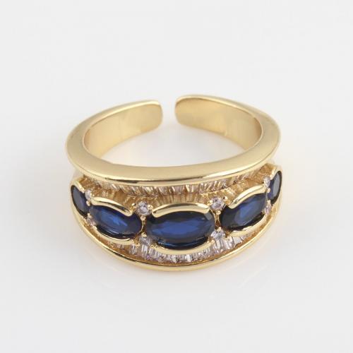 Cubic Zircon Brass Finger Ring, gold color plated, micro pave cubic zirconia, blue [