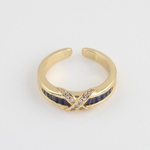 Cubic Zirconia Micro Pave Brass Finger Ring, gold color plated, micro pave cubic zirconia, blue [