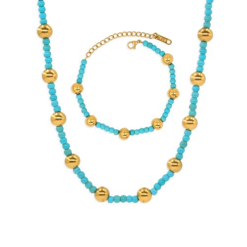 Fashion Stainless Steel Jewelry Sets, Synthetic Turquoise, with 304 Stainless Steel, with 5cm extender chain, Vacuum Ion Plating, fashion jewelry & for woman Approx 16 cm, Approx 40 cm [