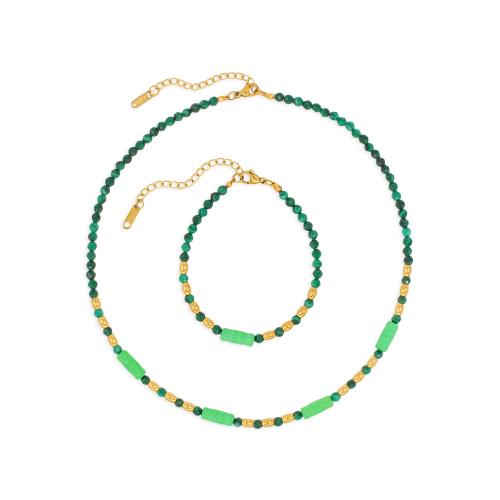 Fashion Stainless Steel Jewelry Sets, Malachite, with Resin & 304 Stainless Steel, with 5cm extender chain, Vacuum Ion Plating, fashion jewelry & for woman Approx 17 cm, Approx 40 cm [